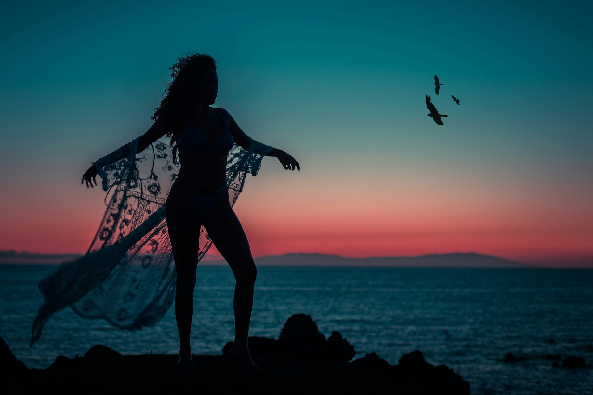 Foto de silhueta de mulher de biquíni numa praia, com pássaros voando ao fundo, contra o pôr do sol